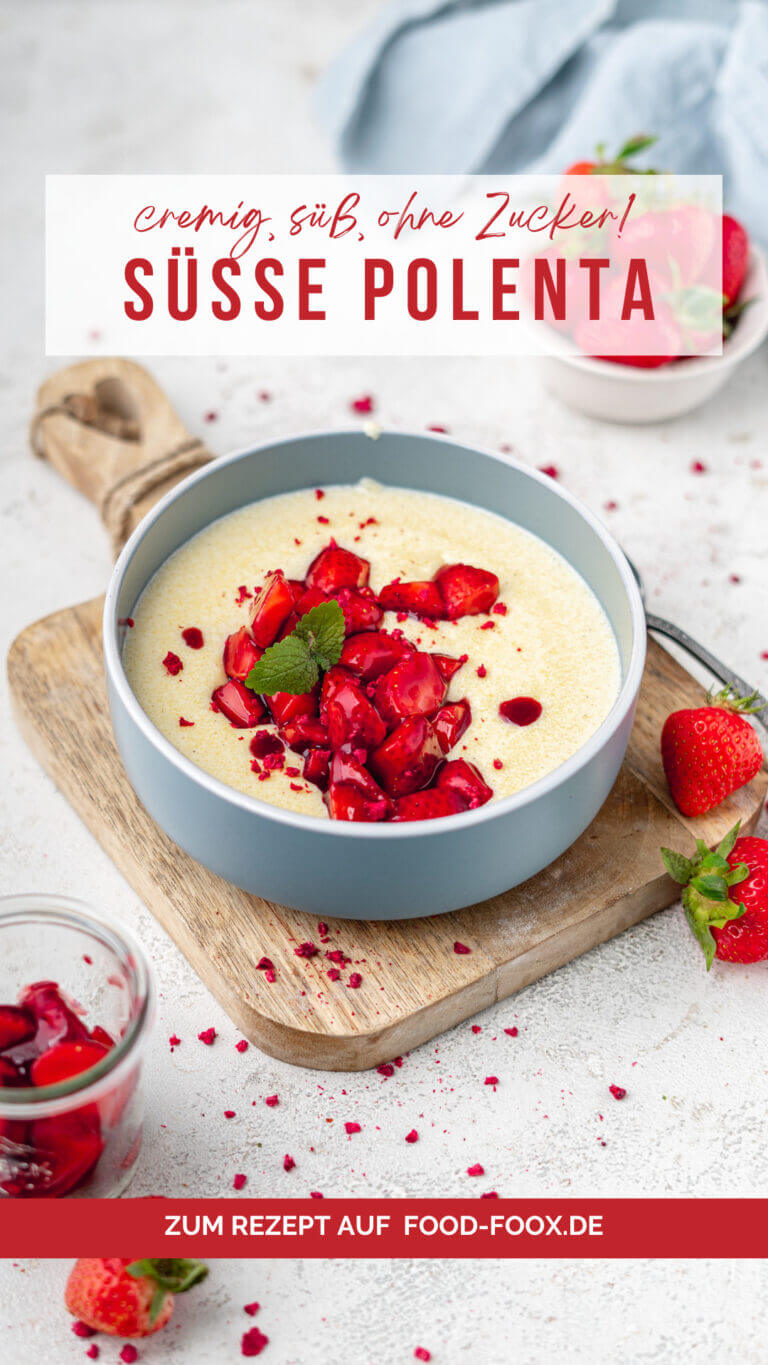 Collage für das Rezept "Süße Polenta mit Erdbeeren" zum Teilen auf Pinterest.