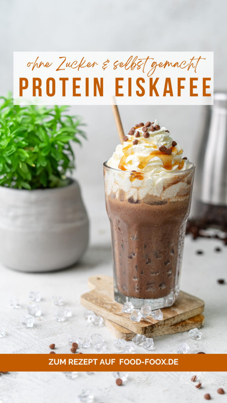 Collage für das Rezept "selbst gemachter Eiskaffee mit extra viel Protein - ohne Zucker, kalorienarm & cremig-lecker" zum Teilen auf Pinterest
