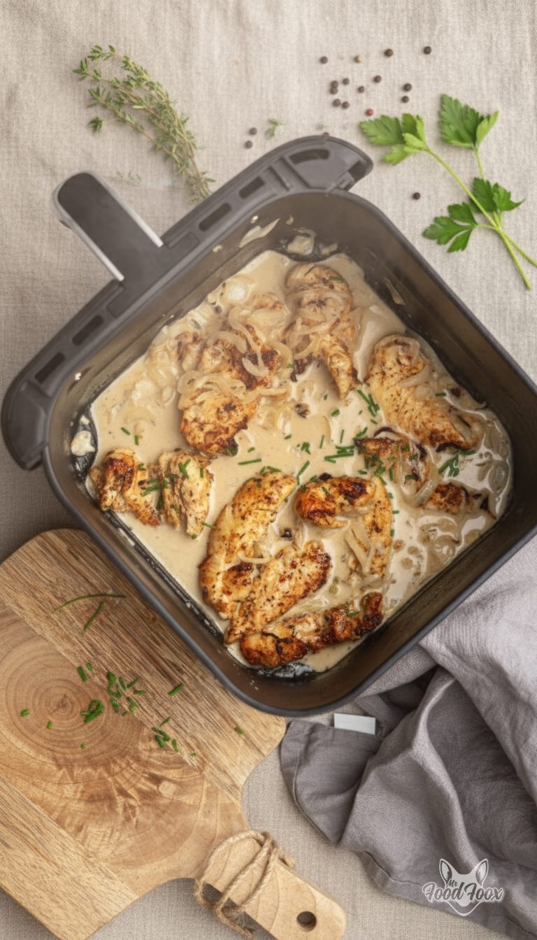 Hähnchenfilet in Zwiebel-Sahne-Soße direkt im Airfryer gegart.