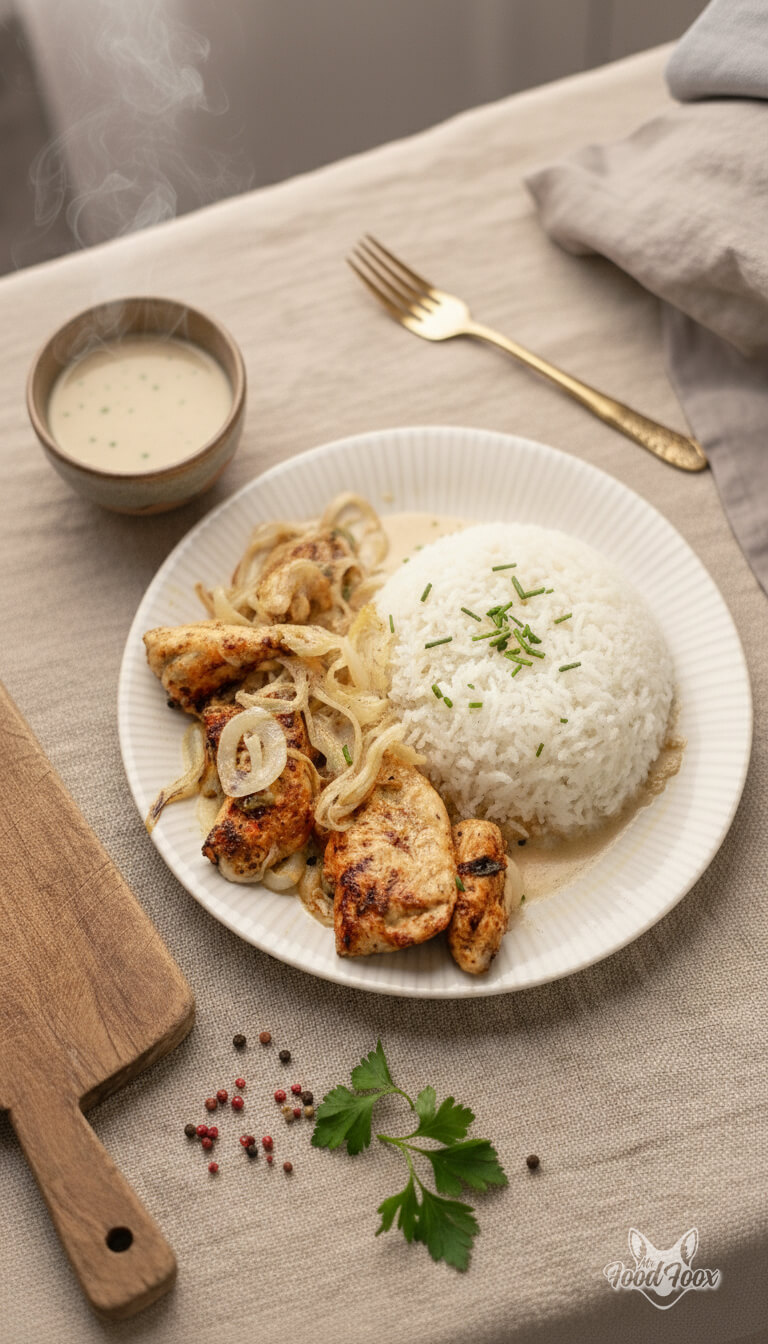 Zwiebel-Sahne-Hähnchen aus der Heißluftfritteuse, angerichtet mit Reis und cremiger Soße